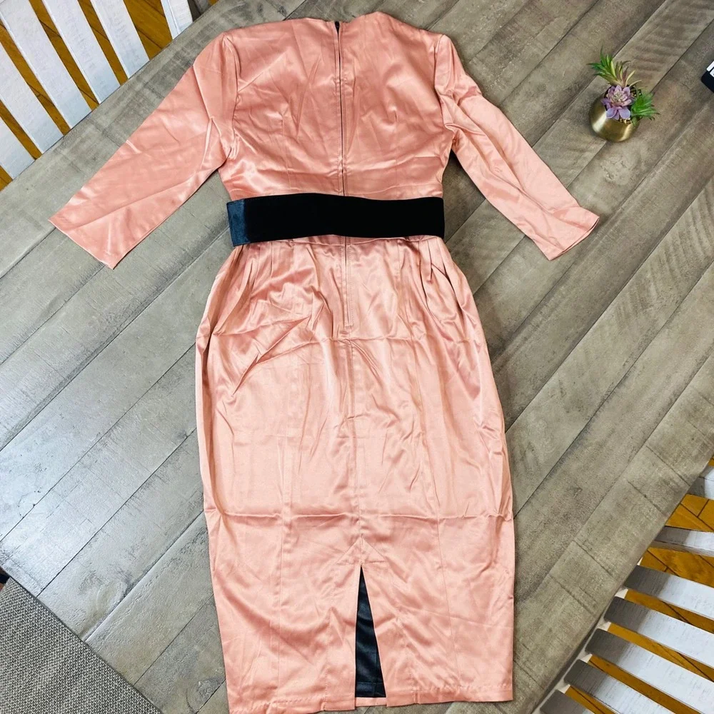 Women's Satin Midi Dress with Belt - Dusty Rose - Picture 7 of 11